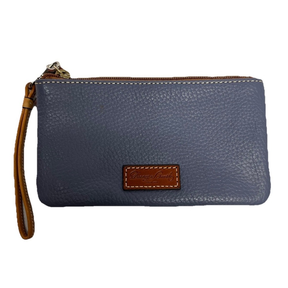 Dooney & Bourke Pebble Leather Grain Flat Zip Clutch Wallet Cosmetic Grey Blue - Picture 1 of 5